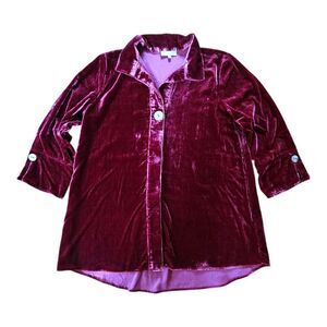 Habitat Clothes To Live In Velvet Tunic Top S Burgundy Crushed 3/4Sleeve Button